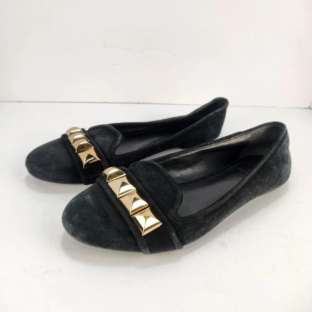 Tory Burch Women's 6.5M Black Suede Asher Studded Ballet Flats Gold Hardware